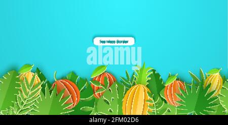 Seamless border of summer tropical leaves an fruits in paper cut style. Craft jungle green plants botanic collection with shadow. Creative vector card Stock Vector