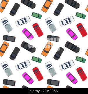 Different Cars Top View Position Seamless Background Pattern for your design. Vector illustration Stock Vector