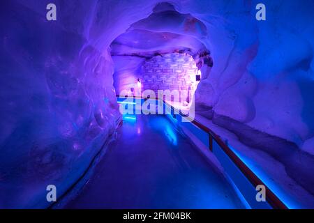 Titlis, Engelberg, Switzerland - Aug 27, 2020: glacier cave of Titlis mountain cable-car station. Located in cantons of Obwalden and Bern. Stock Photo