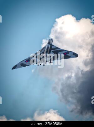 Avro Vulcan XH558 performs a steep climb on take off. Stock Photo