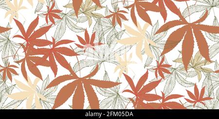 Horizontal seamless pattern with marijuana hemp leaves isolated on black. Hand drawn cannabis leaves. Marijuana Legalization. Template for textile , p Stock Vector