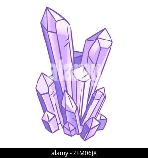 Crystals druse isolated on white background, hand drawn - vector illustration. Purple Quartz or Amethyst mineral, shining lilac gem with gradients Stock Vector