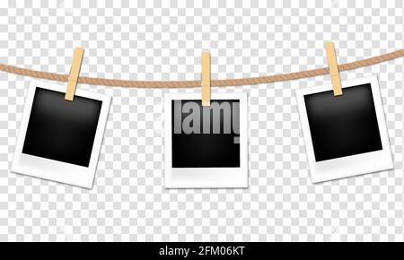 Photo frames hanging on rope with clothespins. Vector illustration isolated on transparent background Stock Vector