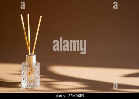 Aromatic reed air freshener on brown background hard shadow. Aromatherapy sticks. Air refresher bottle diffuser. Aesthetic, minimalism with copyspace Stock Photo