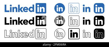 Vinnytsia, Ukraine - May 4, 2021: Set of Linkedin logo in different shape. Linkedin editorial vector icon isolated on white Stock Vector