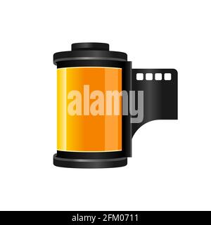 Realistic film roll icon. Yellow 35 mm camera film in cartridge. Vintage photography equipment. Isolated, white background. Analog film reel. Vector Stock Vector