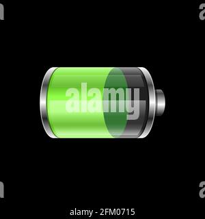 Battery charging status. Realistic green glow battery. Power energy indicator. Electric charge icon. Wireless charging future concept. Vector Stock Vector
