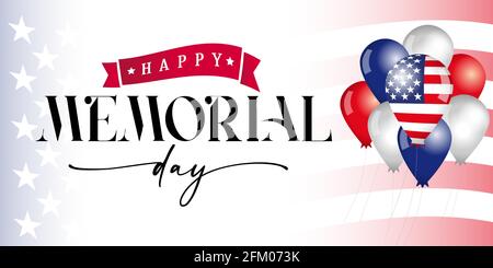 Happy Memorial Day balloons and flag. Remember and Honor, celebration design for american holiday with USA flag in balloons & text on flag background Stock Vector