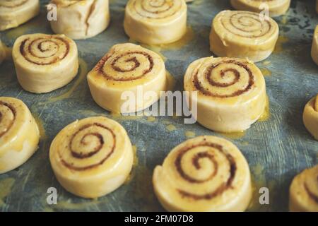 Blanks for baking cinnamon rolls on baking sheet with parchment paper Stock Photo