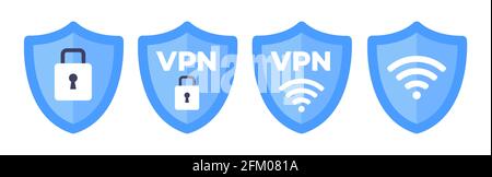 Wireless shield VPN wifi icon sign flat design vector illustration set. Stock Vector