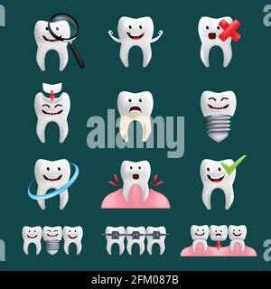 Smiling teeth vector set with different elements. Cute character with facial expression. Funny icons for children's design. 3d realistic vector illust Stock Vector