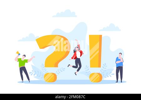 Q and A or FAQ concept with tiny people characters, big question and exclamation mark, frequently asked questions template. Stock Vector
