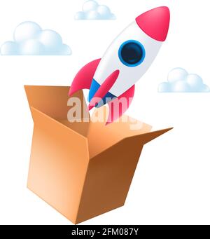 The rocket flies out of an open cardboard box into the clouds. Vector illustration of the think outside the box concept isolated on a white background