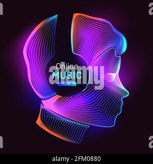 Online music play. Outline vector illustration of human silhouette with wireless headphones in 3d line art style on neon abstract background Stock Vector
