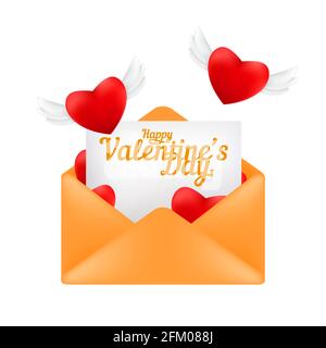 Envelope with a letter and flying red hearts with angel wings. Valentine's day greeting card concept vector illustration isolated on a white backgroun Stock Vector