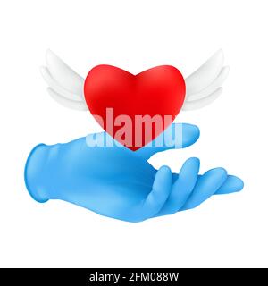 A human hand wearing blue protective surgical glove with a flying red heart with angel wings. Vector illustration of donating or charity concept isola Stock Vector