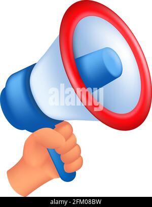 Human hand holding a loudspeaker. 3D cartoon vector illustration of a male hand with a megaphone isolated on a white background Stock Vector