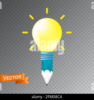 Concept design of an idea or inspiration icon. Vector illustration of a pencil and yellow light bulb isolated on a transparent background Stock Vector