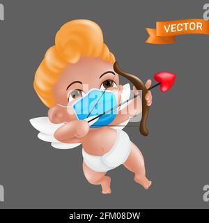Shooting and aiming little cupid character with a bow and a heart shaped arrow. Vector illustration of a baby cherub mascot wearing a protective face Stock Vector