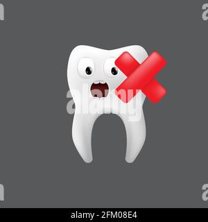 Scared tooth with a red cross on it. Cute character with facial expression. Funny icon for children's design. 3d realistic vector illustration of a de Stock Vector