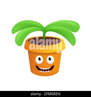 A growing plant in a pot. Vector illustration of a happy and smiling flowerpot with a joyful emotion isolated on a white background Stock Vector