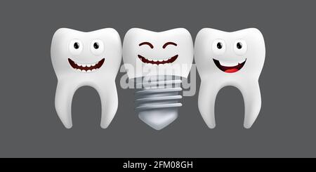 Smiling teeth with metal implant. Cute character with facial expression. Funny icon for children's design. 3d realistic vector illustration of a denta Stock Vector