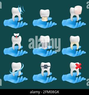 Dental icons vector set with different elements for various website services. 3d realistic illustration of a dentist's hands wearing blue protective s Stock Vector