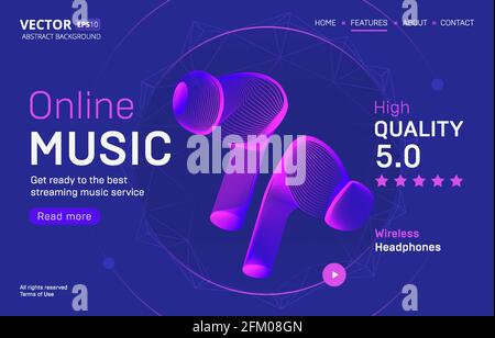 Online music streaming service landing page template with a high-quality rating. Abstract outlined vector illustration of charging wireless headphones Stock Vector