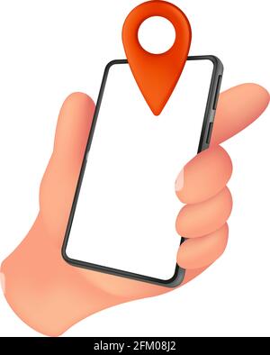 Human hand holding smartphone with a white screen and red location marker. Vector illustration of mobile device with an empty display isolated on a wh Stock Vector
