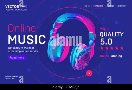 Online music streaming service landing page template with a high-quality rating. Abstract outlined vector illustration of wireless headphones silhouet Stock Vector