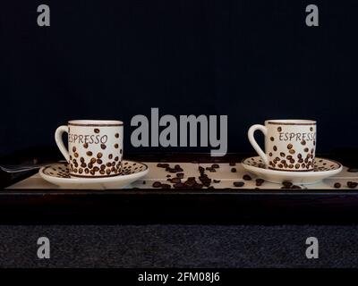 Coffee set decorated with beans Stock Photo