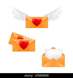 Set of yellow envelopes with heart stamps and angel wings isolated on a white background Stock Vector