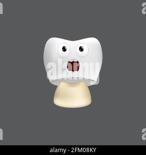 Scared tooth with crown installation. Cute character with facial expression. Funny icon for children's design. 3d realistic vector illustration of a d Stock Vector