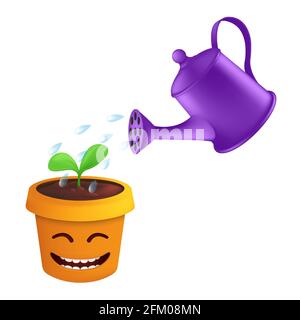 A spray of water drops from a metal watering can irrigate a green sprout in a flower pot. Vector illustration of plant care in a smiling and joyful po Stock Vector