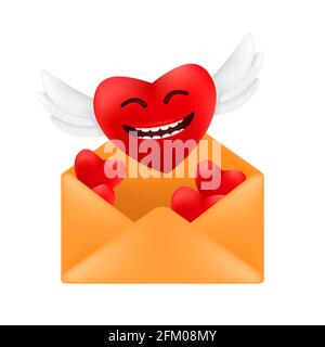 Cute flying heart with angel wings out of an envelope. Vector illustration of a red heart with funny facial emotion to Valentine's day isolated on a w Stock Vector