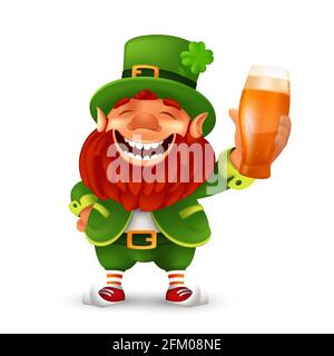 Funny laughing Leprechaun wearing cylinder with a shamrock flower and holding light beer glass. Vector mascot character illustration to Saint Patrick' Stock Vector