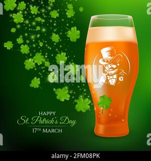 A glass with a pint of light beer decorated with the label of a smoking leprechaun and shamrock leaves. 3D realistic vector illustration to St. Patric Stock Vector