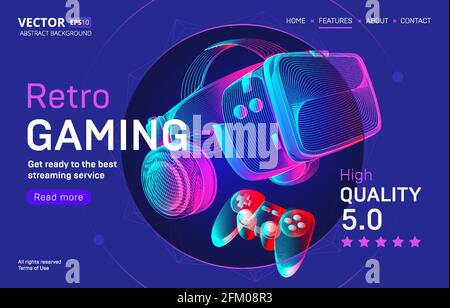 Retro gaming streaming service landing page template with VR helmet and gamepad. Outline vector illustration of headset and joystick in 3d neon line a Stock Vector