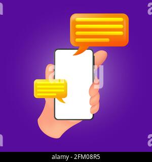 Human hand holding a smartphone with a white screen and speech bubbles. Vector illustration of mobile device with an empty display and sms clouds isol Stock Vector