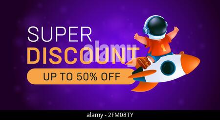 Super discount horizontal banner. Little kid in astronaut's helmet riding on a flying rocket. Vector illustration of a happy boy with a spaceship on a Stock Vector