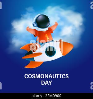 Poster or greeting card to 12 April - International Cosmonautics Day. The first human space flight. Vector illustration of kid astronaut in a helmet o Stock Vector