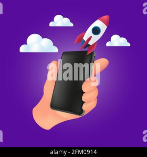 Human hand holding a smartphone with a flying rocket on the clouds. 3d vector illustration of startup concept with mobile device and empty black scree Stock Vector