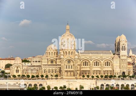 Cathedral Sainte-Marie-Majeure, known as La Major, seen from the sea. Marseille, France Stock Photo