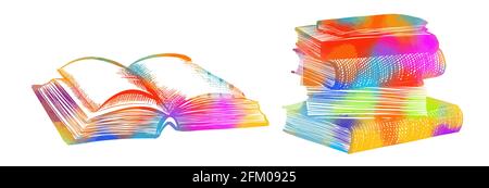 Stack of books, graphic. Open book. Multi-colored books. Graphic drawing. Vector illustration. Stock Vector