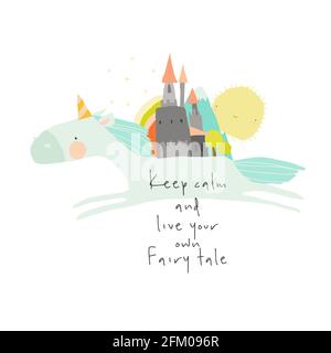 Cute Horse carrying cartoon magic Castle on his Back Stock Vector