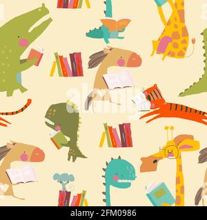 Seamless pattern of cute Animals reading books Stock Vector