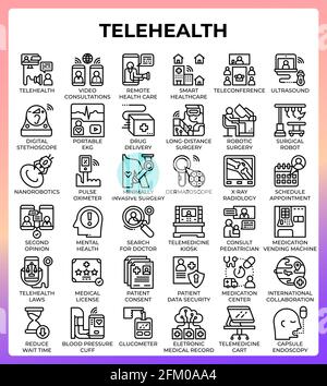 Telehealth concept line icons set in modern style for ui, ux, web, app, brochure, flyer and presentation design, etc. Stock Vector