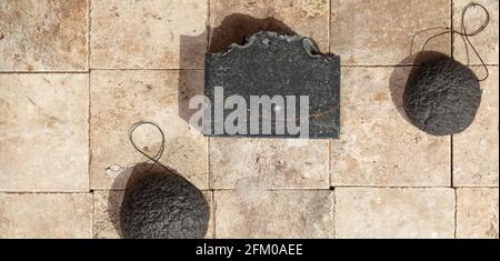 Bamboo charcoal bathroom accessories - konjac bamboo charcoal black sponges,  bamboo charcoal stick and handmade black charcoal soap on earth toned sto  Stock Photo - Alamy