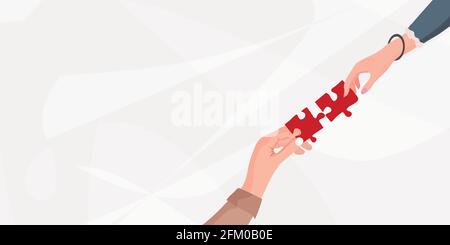 Match.Challenge.Arms of hands of people or colleagues of diverse culture holding jigsaw puzzle pieces that connect.Problem solving.Teamwork.Strategy. Stock Vector