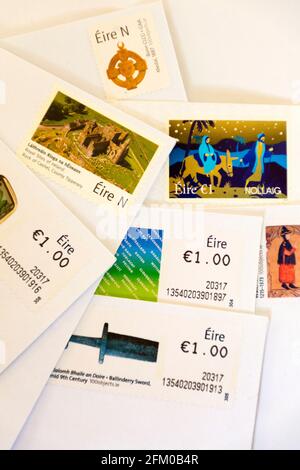 Ardara, County Donegal, Ireland. 5th May 2021. The price of a stamp will increase to €1.10 later this month, a rise of ten cent. An Post has confirmed that there will also be an increase in the standard international letter price to €2.00, up from €1.70, from May 27. Image shows current postage stamps for a standard letter priced at €1. Stock Photo